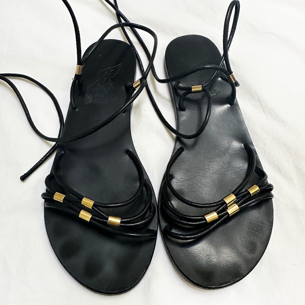 ANCIENT GREEK SANDALS - Black Gladiator Wrap Around with Gold- EU39/US8.5